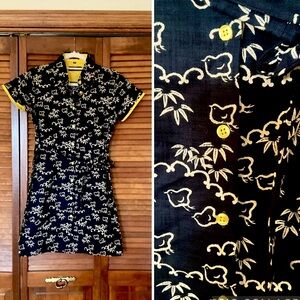 52 Greek St navy and yellow floral bird button down dress size 10
